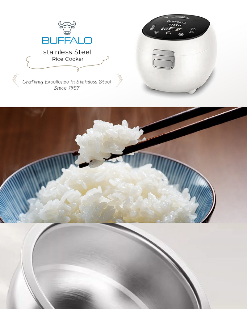 Buffalo stainless steel rice cooker branding with images of cooked rice in chopsticks and pot close-up.