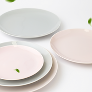Aito CouLeur Series 5-Piece Dinnerware Set featuring a mix of pink and grey ceramic plates in 16cm, 20cm, and 24cm sizes, all with a smooth matte finish.