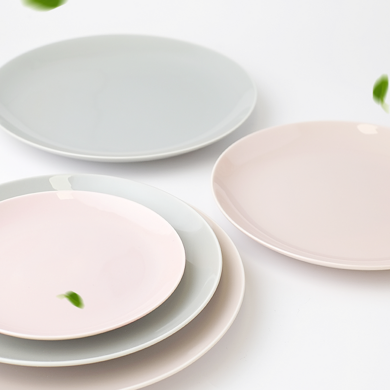 Aito CouLeur Series 5-Piece Dinnerware Set featuring a mix of pink and grey ceramic plates in 16cm, 20cm, and 24cm sizes, all with a smooth matte finish.