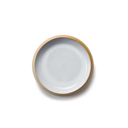 A top-down view of the Aito Seto Yaki Bisque Plate, showing its raw unglazed rim and smooth grey glazed center.