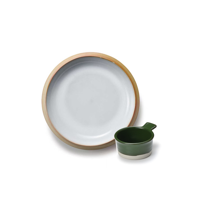 Aito Seto Yaki Bisque Plate &amp; Bowl Set - 24.5cm & 7cm - Green & Beige - 2-Piece