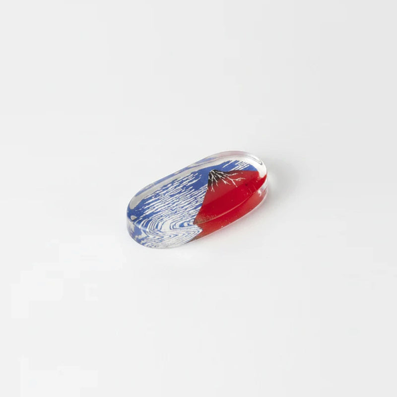 Akafuji Mt. Fuji chopstick rest, clear acrylic oval with Hokusai's Red Fuji print sealed inside