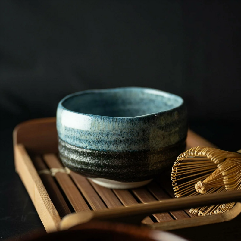 Ao Unofu Japanese Matcha Bowl featuring a soft, milky glaze with gentle blue accents and a rustic, handcrafted texture.