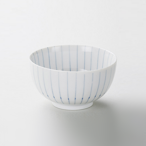 The Aomugi Reed Pattern Chrysanthemum bowl, featuring a white glaze with fine blue vertical pinstripes, shown against a light grey background.
