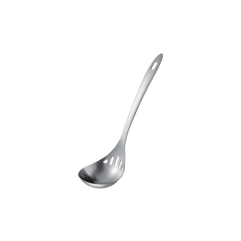 A product image of the Aux Leye Stainless Steel Serving Ladle, showcasing its unique design with draining slots on one side of the bowl.

