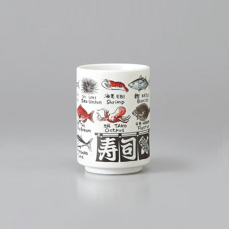 The Beams Japan Sushi Yunomi Teacup, featuring colorful illustrations of various sushi ingredients with their names in Japanese and English.
