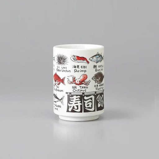 The Beams Japan Sushi Yunomi Teacup, featuring colorful illustrations of various sushi ingredients with their names in Japanese and English.
