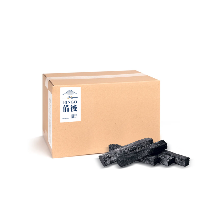 Premium Hiroshima Bingo Binchotan Japanese White Charcoal 2kg Quarter Cut box with charcoal pieces.