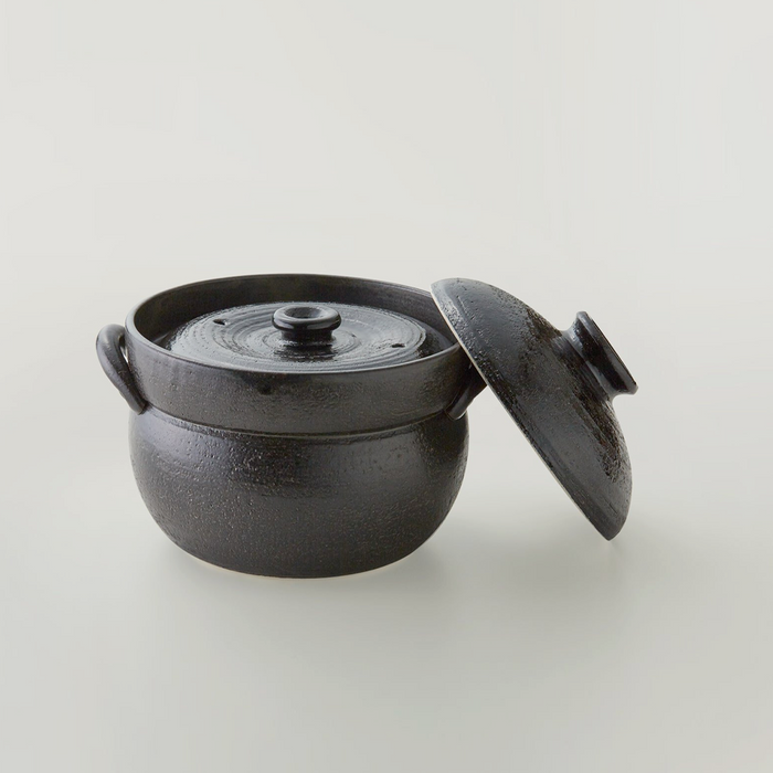 Saji Black Glaze Donabe (Japanese Clay Pot) Rice Pot with Double Lids 4 Cups