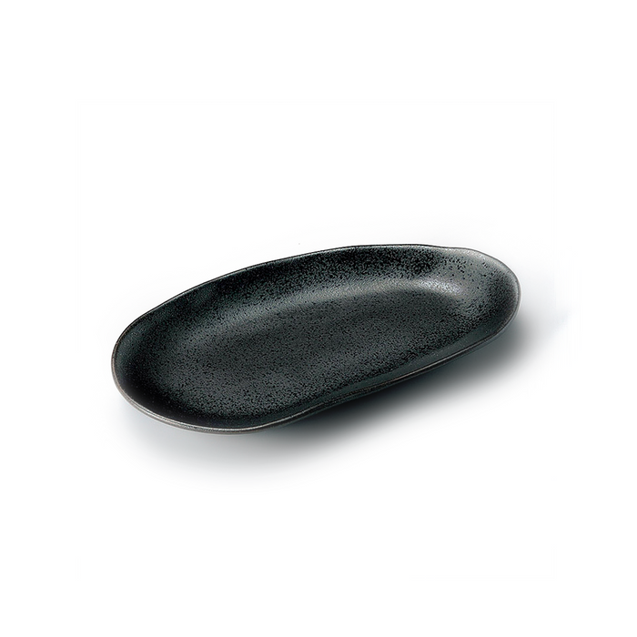 Elongated black ceramic plate with an irregular cloud-inspired design, showcasing Japanese craftsmanship.