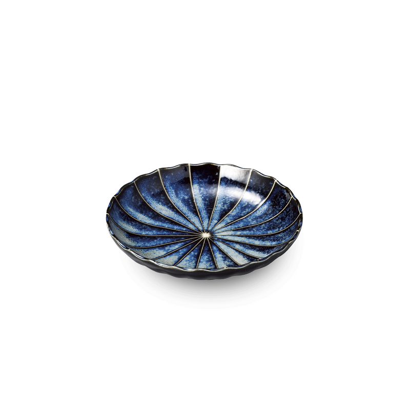 A top-down view of the Yohenkon Ten Grass Chrysanthemum Side Plate, showing its flower shape, radiant blue 'Ten Grass' pattern, and unique kiln-altered glaze.