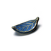 Elegant porcelain chopstick rest shaped like a leaf, adorned with deep blue patterns.