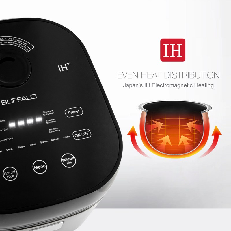 Marketing image for the Buffalo rice cooker highlighting its IH (Japan's IH Electromagnetic Heating) technology for even heat distribution, with a diagram of heat arrows wrapping the pot and a close-up of the digital touch panel.


