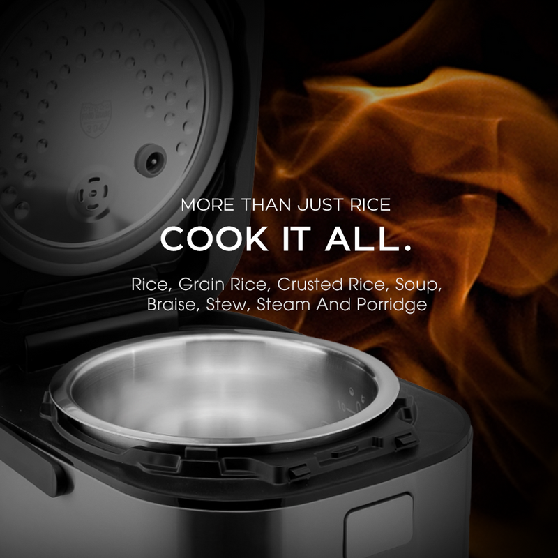 Promotional image for the versatile Buffalo IH Smart Cooker with the text 'MORE THAN JUST RICE. COOK IT ALL.' listing functions like soup, stew, steam, and porridge, shown over a view of the open cooker and its stainless steel inner pot.

