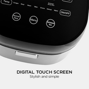 A close-up angled view of the Buffalo rice cooker's digital touch screen, highlighting its stylish and simple design with clearly visible function buttons like Menu and Boilsteam Rice.

