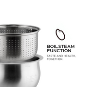 Stainless steel steamer pot with 'BoilSteam Function' text on a white background