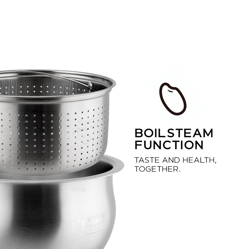 Stainless steel steamer pot with 'BoilSteam Function' text on a white background