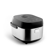The 10-cup Buffalo IH Smart Cooker, showing its modern stainless steel and black design and integrated top control panel, angled on a white background.
