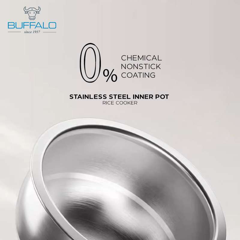Promotional graphic for Buffalo rice cooker highlighting stainless steel inner pot with 0% chemical nonstick coating.

