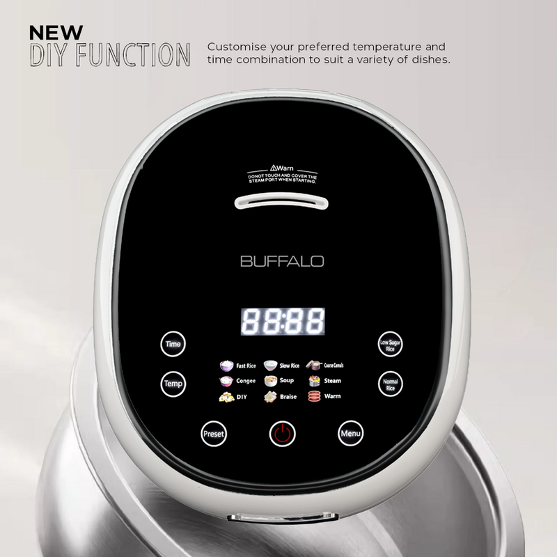 Close-up of Buffalo rice cooker touch panel showing new DIY function and various preset cooking modes.