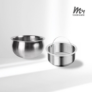 Stainless steel inner pot and perforated steaming basket included with Buffalo rice cooker, shown on white background.