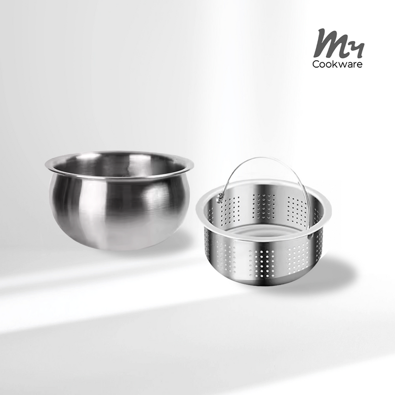 Stainless steel inner pot and perforated steaming basket included with Buffalo rice cooker, shown on white background.