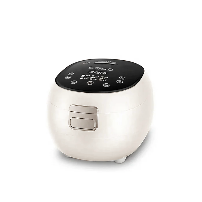 Buffalo BOILSTEAM 5-cup stainless steel rice cooker (BRC01) in white with a black touch panel, shown on a clean white background.
