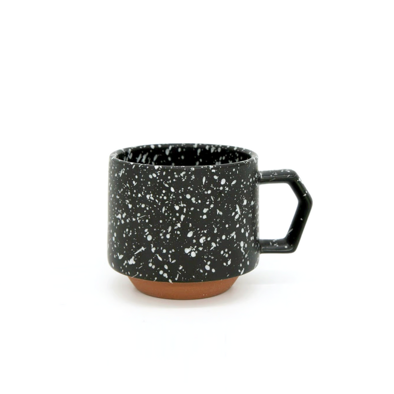 A product shot of the 280ml CHIPS Stack Mug in the Splash Black White colour, showing its angular handle and stepped base.