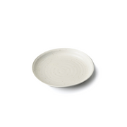 A top-down view of the Crystal White Matte Dinner Plate, showing its minimalist design, subtle speckled pattern, and matte finish on a white background.