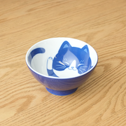 Daitoua Neko Chigura Hachiware Rice Bowl featuring a blue and white illustration of a cat with a distinctive 'hachi' (eight-shaped) mask pattern on its forehead inside the bowl.