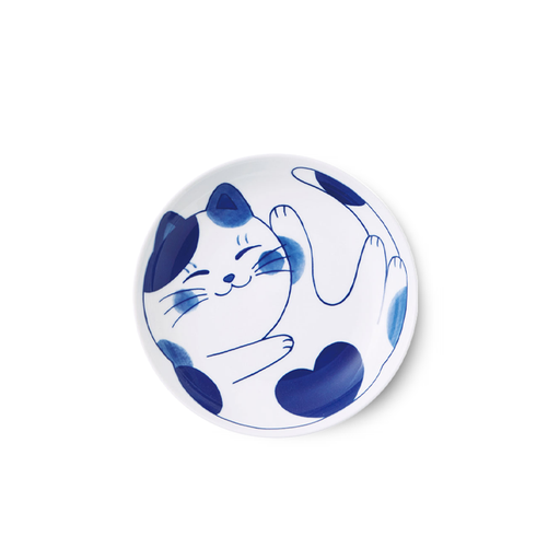 A white ceramic dinner plate with a hand-painted illustration of a happy cat, featuring heart-shaped spots in deep indigo, the cat is depicted in a playful, relaxed pose.