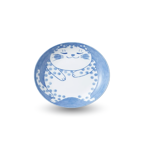 19cm oval serving bowl with a hand-painted white cat against a blue background, surrounded by delicate patterns, epitomizing Japanese artistry.
