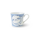 White ceramic mug with a detailed blue cat illustration and traditional Japanese patterns. The design includes intricate blue details surrounding the cat, all set against a pristine white background