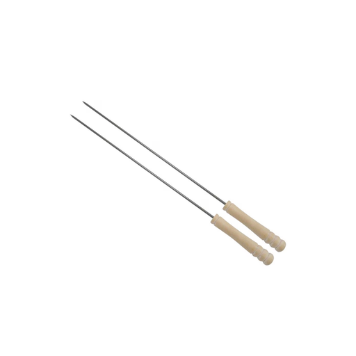 Close-up of EBM Stainless Steel Skewers 36cm with natural wood handles, perfect for grilling and barbecuing.