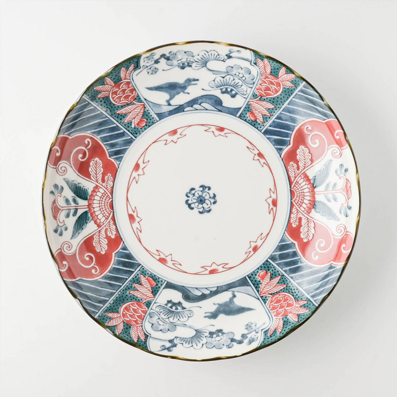 A top-down product shot of the Edokko Dinosaur dinner plate on a clean white background, displaying its full intricate pattern.

