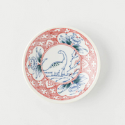 Top-down view of the 9cm Edokko Dinosaur Hanaryu mini plate, featuring a central illustration of a long-necked dinosaur surrounded by a traditional red geometric and floral border.