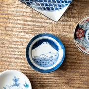 The Edokko Dinosaur Mount Fuji mini plate displayed on a wooden table alongside other plates from the series.

