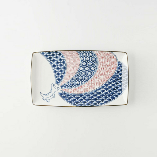 Edokko Dinosaur Rectangular Serving Plate 23.5cm featuring intricate traditional Japanese patterns in blue and red with a playful dinosaur illustration.