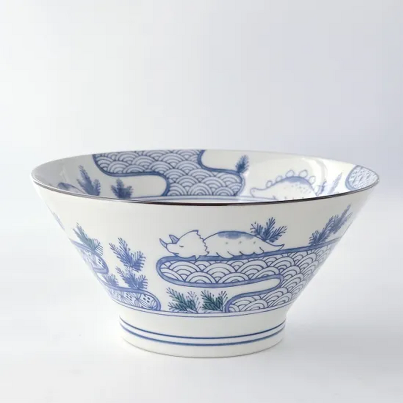 Edokko Dinosaur Seigaiha Japanese Donburi Bowl - 18.5cm