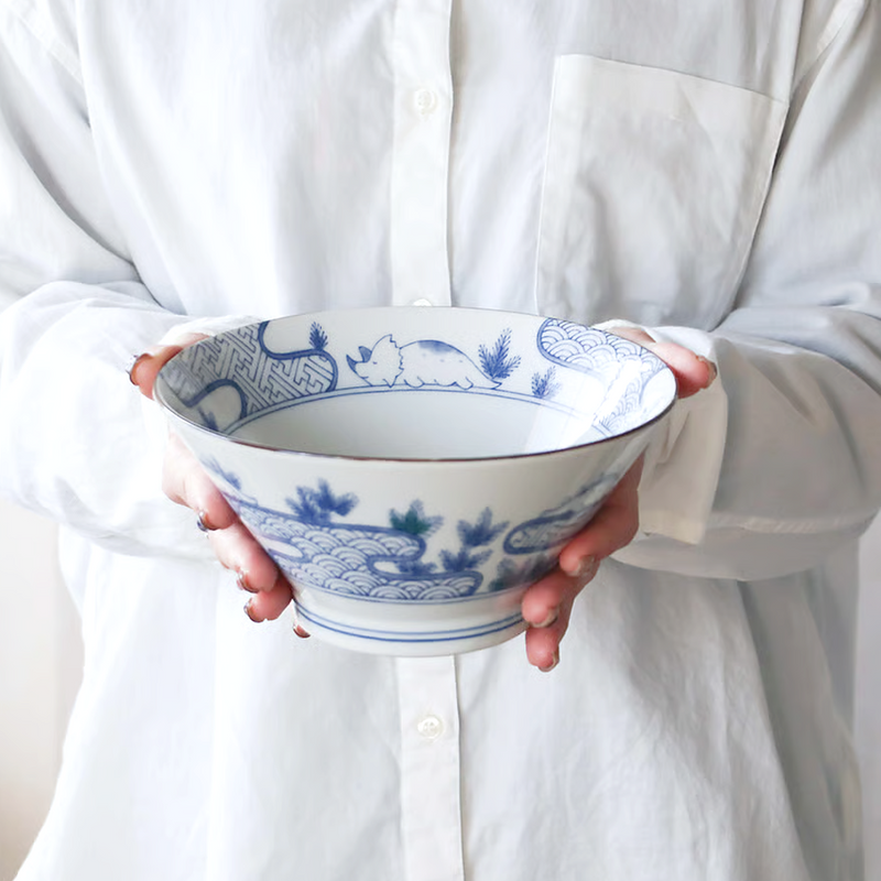 Edokko Dinosaur Seigaiha Japanese Donburi Bowl - 18.5cm