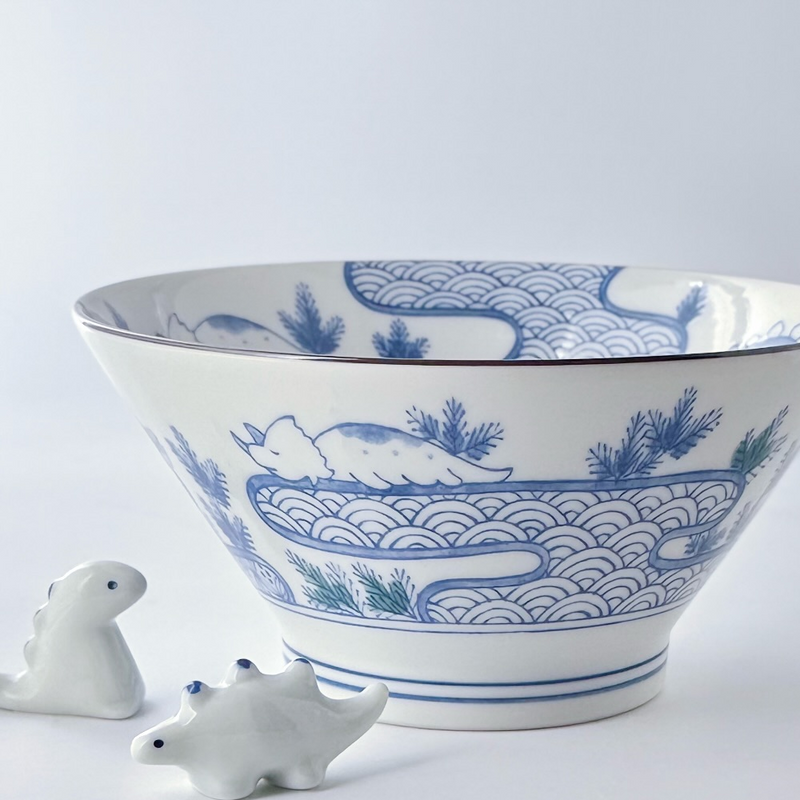 Edokko Dinosaur Seigaiha Japanese Donburi Bowl - 18.5cm