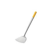 A product image of the Endo Shoji Stainless Steel Turner, showing its wide curved blade, long shaft, and wooden handle on a white background.

