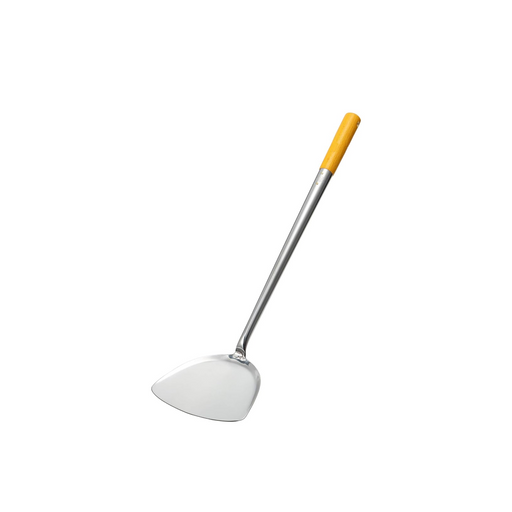 A product image of the Endo Shoji Stainless Steel Turner, showing its wide curved blade, long shaft, and wooden handle on a white background.

