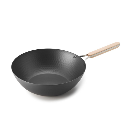 Wahei Freiz Enzo Nitrided Carbon Steel Wok (32cm) featuring a dark metal body and a light beech wood handle.