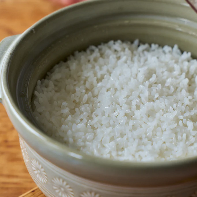 A close-up view inside the Ginpo donabe, showing the texture of freshly cooked, fluffy white rice.

