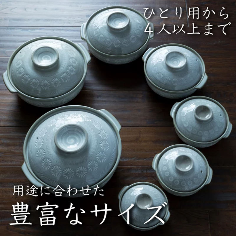 The full range of Ginpo Hana Mishima donabe pots, showcasing the various sizes available in the series.

