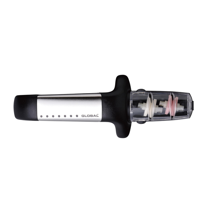 Global 2-stage ceramic sharpener with transparent casing showing white and pink ceramic wheels, positioned upright with a black handle featuring white dots and the Global logo in silver.