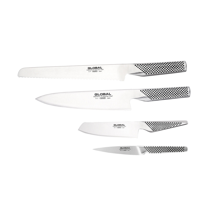 Set of four Global Ikasu knives arranged in a row, showcasing the blade and handle design on a white background.