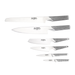 Global Ikasu 7-piece knife set displayed against a white background, featuring six knives and a bamboo knife block