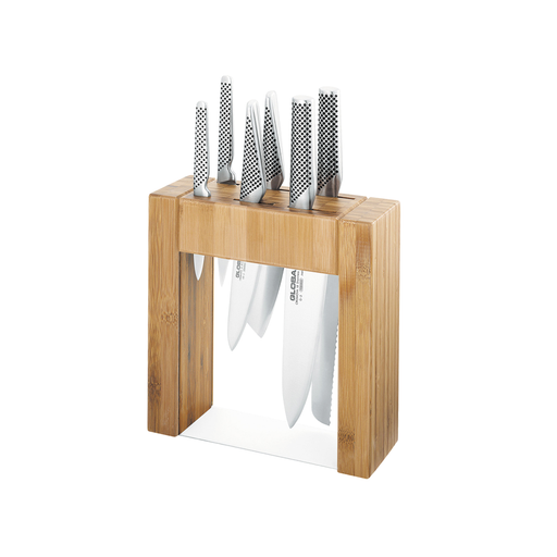 Global Ikasu 7-Piece Knife Block Set featuring six knives in a modern bamboo and acrylic knife block, displayed against a white background.